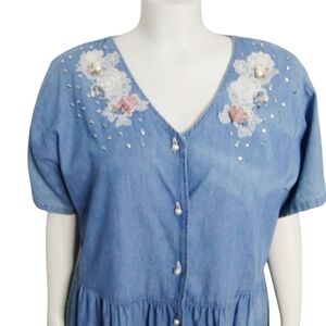 Vintage 80's 2X Spot Light Floral Embellished Cottagecore Grannycore Denim Dress